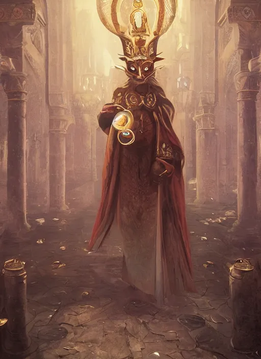 Image similar to surrealistic portrait of anthropomorphic caracal in golden priest clothes wearing vr in orthodox church, bokeh, foggy, dynamic lighting, darkness, ambients, dramatic, foggy, heavy bokeh and blur, cinematic, depth of field, art by bussiere rutkowski andreas rocha