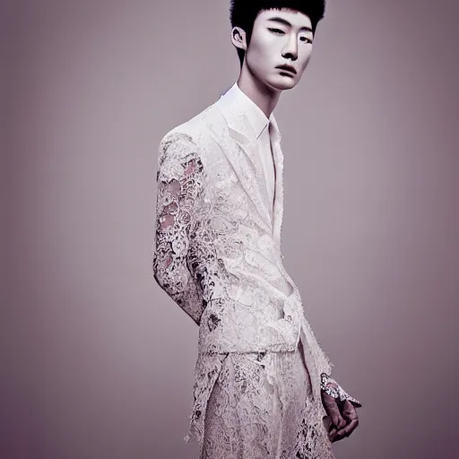 Prompt: a realistic detailed portrait of beautiful young korean male wearing a translucid lace wedding gown designed by alexander mcqueen, photographed by andrew thomas huang for a fashion editorial
