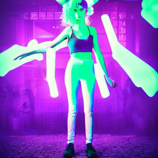 Image similar to grimes on stage dancing, volumetric neon lights in the background, gleaming, 3 5 mm photography, portrait!!!!!!, trending on artstation, 4 k, 8 k, zbrush, mannerism