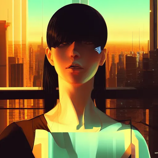 Prompt: a close up of a person with a city in the background, cyberpunk art by Ilya Kuvshinov, cgsociety, photorealism, ilya kuvshinov, cityscape, digital painting