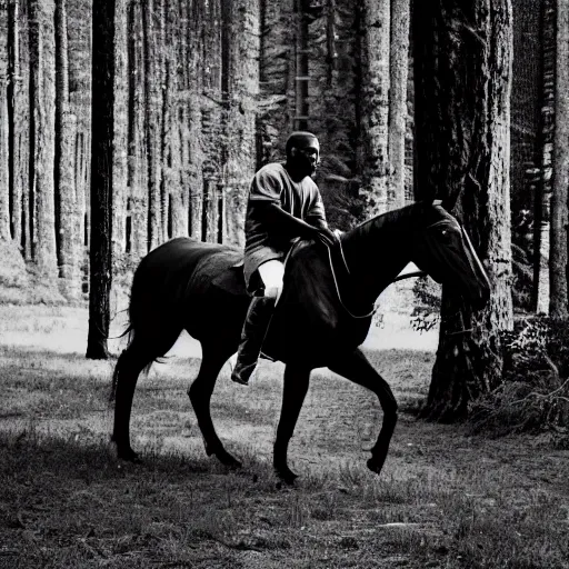 Image similar to Kanye West riding a horse in the forest, 35mm, photorealistic, studio light, noire