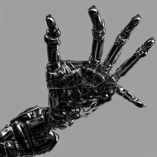 Prompt: a metal robotic hand, realistic, reflective, mechanical, 4 k, detailed