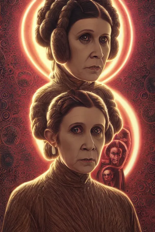 Image similar to highly detailed portrait of princess leia organa by alex grey, patrick woodroffe, mark ryden created by gustave dore and greg rutkowski, high detailed, smooth draw, synthwave neon retro, intricate, realistic proportions, dramatic lighting, trending on artstation