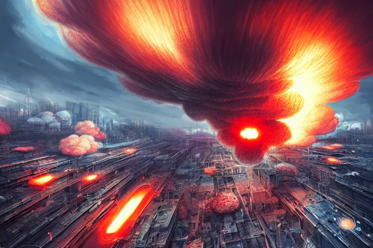 Prompt: hyper detailed mushroom! clouds! explosions formed by h - bombs! detonations in the middle of tokyo, raising between the buildings on fire, highly detailed, concept art, smooth, sharp focus, modern war photography, awarded photography, futuristic style, popular on artstation, unreal engine, drone shot, nvidia graphics,.