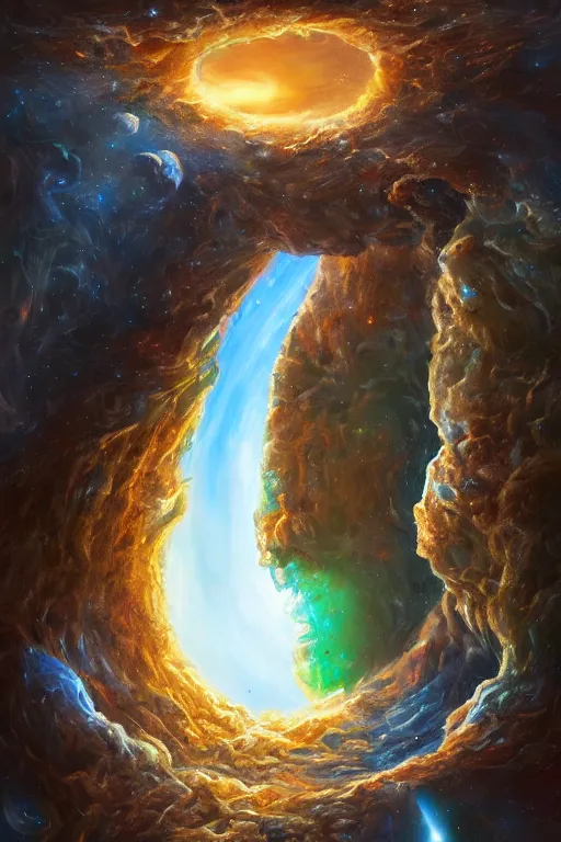 Image similar to A hyperdetailed digital oil painting of A doorway to the galaxy, Trending on ArtStation and DeviantArt