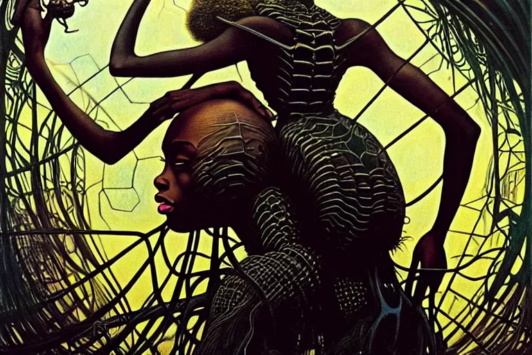 Image similar to realistic detailed portrait movie shot of a beautiful black woman riding a giant spider, dystopian city landscape background by denis villeneuve, amano, yves tanguy, alphonse mucha, max ernst, ernst haeckel, kehinde wiley, caravaggio, jean delville, david lynch, roger dean, cyber necklace, rich moody colours, sci fi patterns, dramatic, wide angle