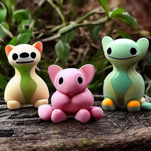 Image similar to some cute plastic toys that look like animal characters, forest colors