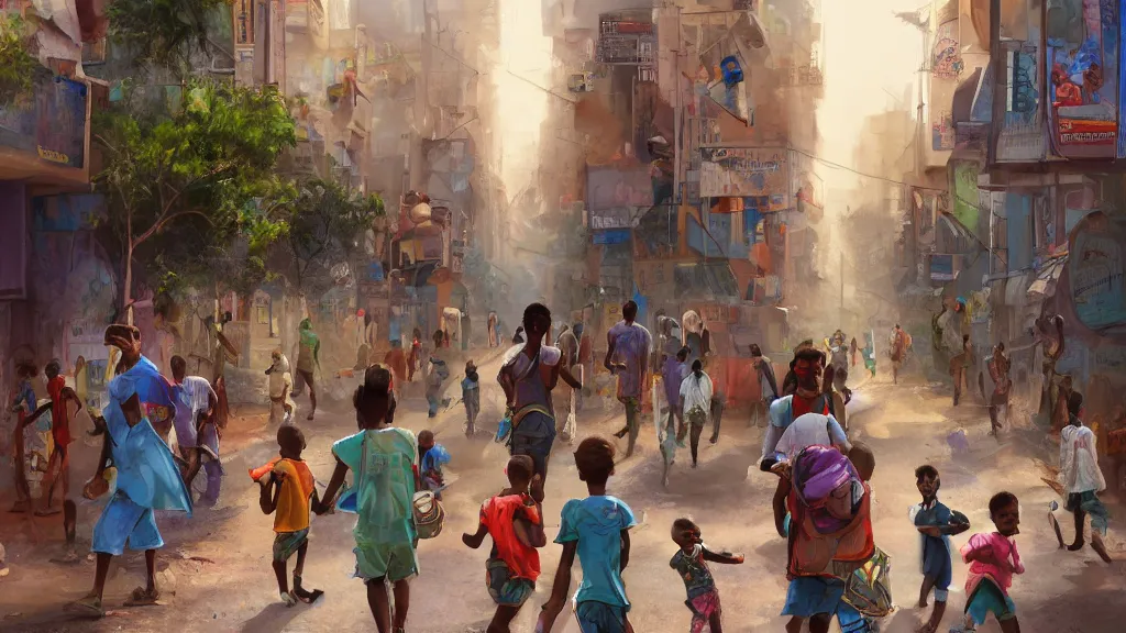 Image similar to street in a big african city, kids playing, summer, david febland, artstation, matte painting