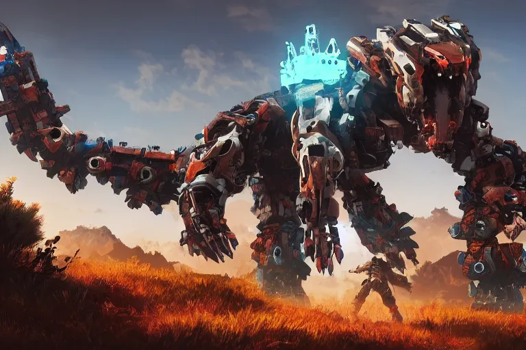 Image similar to ravager machine mecha animal beast robot of horizon forbidden west horizon zero dawn bioluminiscence global illumination ray tracing hdr fanart arstation by sung choi and eric pfeiffer and gabriel garza and casper konefal