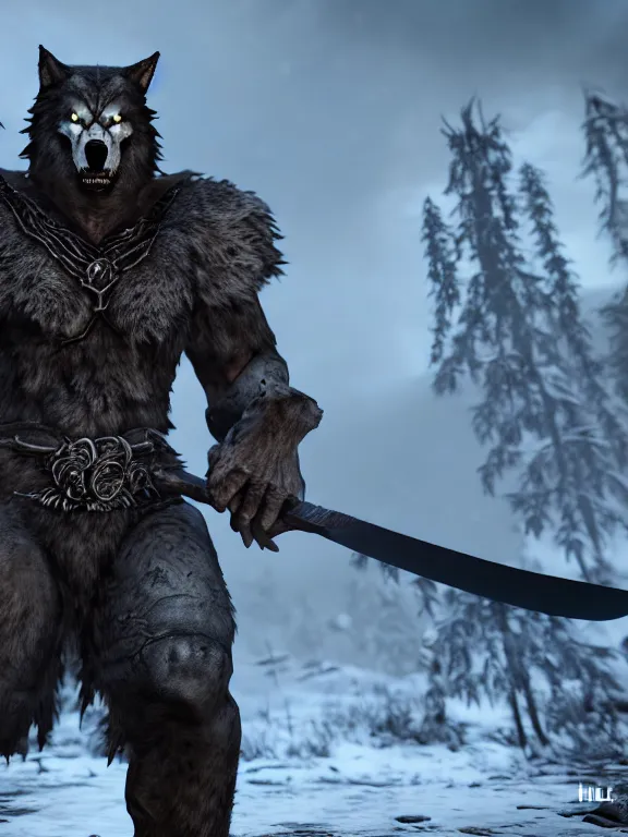 Image similar to cute handsome cuddly burly surly relaxed calm timid werewolf from van helsing holding a sword unreal engine hyperreallistic render 8k character concept art masterpiece screenshot from the video game the Elder Scrolls V: Skyrim