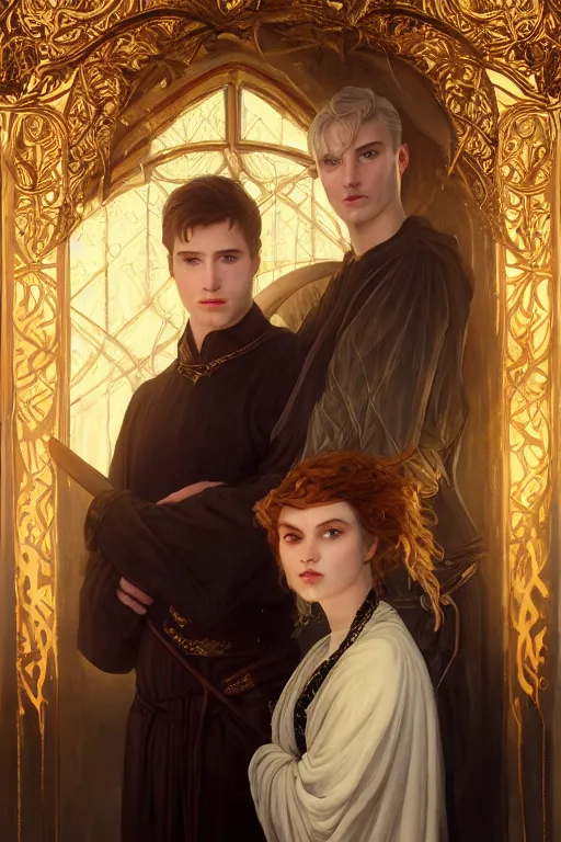 Prompt: a portrait of handsome young male nordic Satan wearing a subtle crown of light and his elegant beautiful nordic cultist wife, bored, illustration, dramatic lighting, soft details, painting oil on canvas, art nouveau, octane render, HDR, 4k, 8k, HD, by Edmund Blair Leighton, Brom, Charlie Bowater, trending on artstation, faces by Tom Bagshaw, Sargent