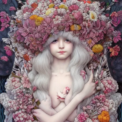 Prompt: white cat girl, botanical, amanita, portrait face, colorful, frantisek kupka, intricate, miles johnston, kuroda seiki, cynical realism, ozabu, john william godward, painterly, yoshitaka amano, moebius, miles johnston, louise zhang, james jean, mark ryden lowbrow pop surrealism art style