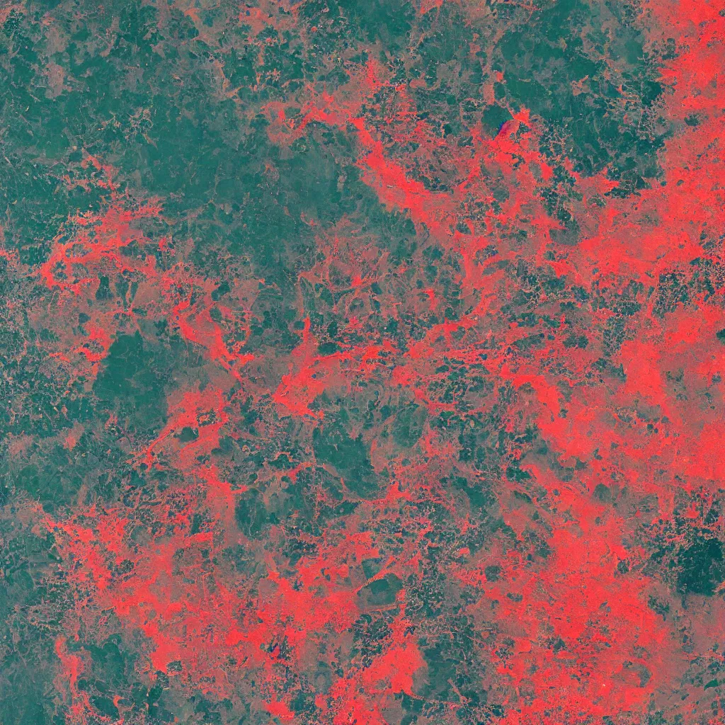 Image similar to a very polluted landscape seen by sentinel or landsat satellite during the night with red rivers and oceans surrounded by urban sediment, photorealistic, high resolution, best quality