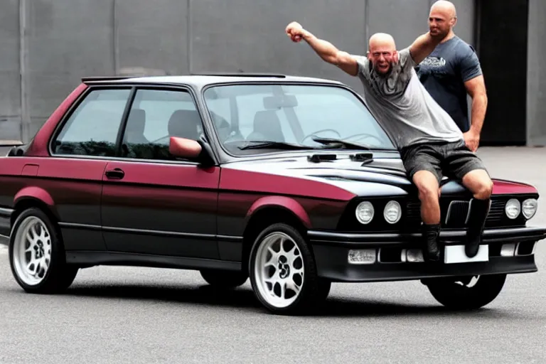 Image similar to Angry Jason Statham lifts BMW e30 that sits above him