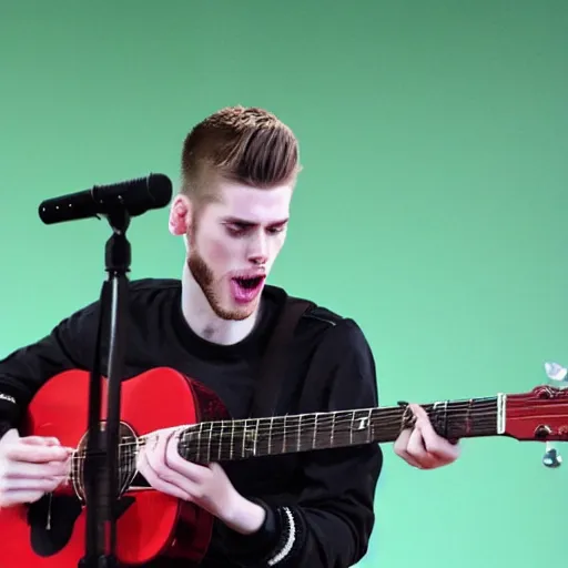 Prompt: david de gea singing pop playing the guitar, indoor