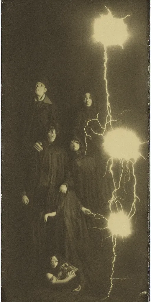 Image similar to spirit photography with glowing bulbous ectoplasm, scary shadow people, couple mourning, sleep paralysis demon, plasma lightning bolts, 1 9 0 0 s, slimer, summoning tall horned demon, mourning family, invoke fear and dread, old photograph, daguerreotype