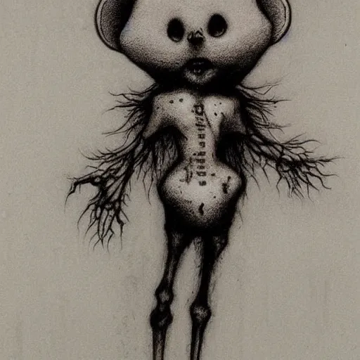 Image similar to grunge drawing of a cartoon teddy bear by - Zdzisław Beksiński , corpse bride style, horror themed, detailed, elegant, intricate