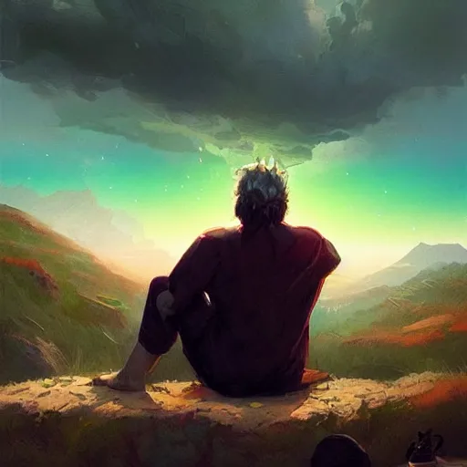 Prompt: colorful illustration of a man sitting on the plato hill and watching the end of the world apocalypse, by greg rutkowski, by artgerm