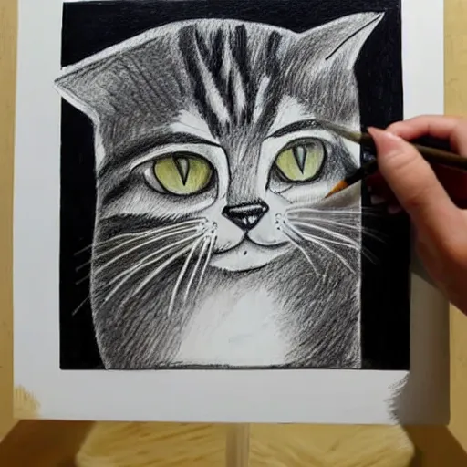 Image similar to An artist cries while painting a simple drawing of a cat