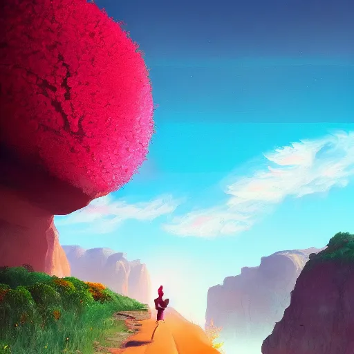 Image similar to giant cherry flower as a head, girl walking in a canyon, surreal photography, sunrise, dramatic light, impressionist painting, colorful clouds, digital painting, artstation, simon stalenhag