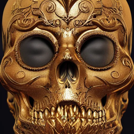 Image similar to a highly detailed photographic render of intricately carved golden sugar skull, intricate golden ornament, gilding, horror, dark fantasy, beautifully lit, ray traced, octane 3D render in the style of Gerald Brom and James Gurney