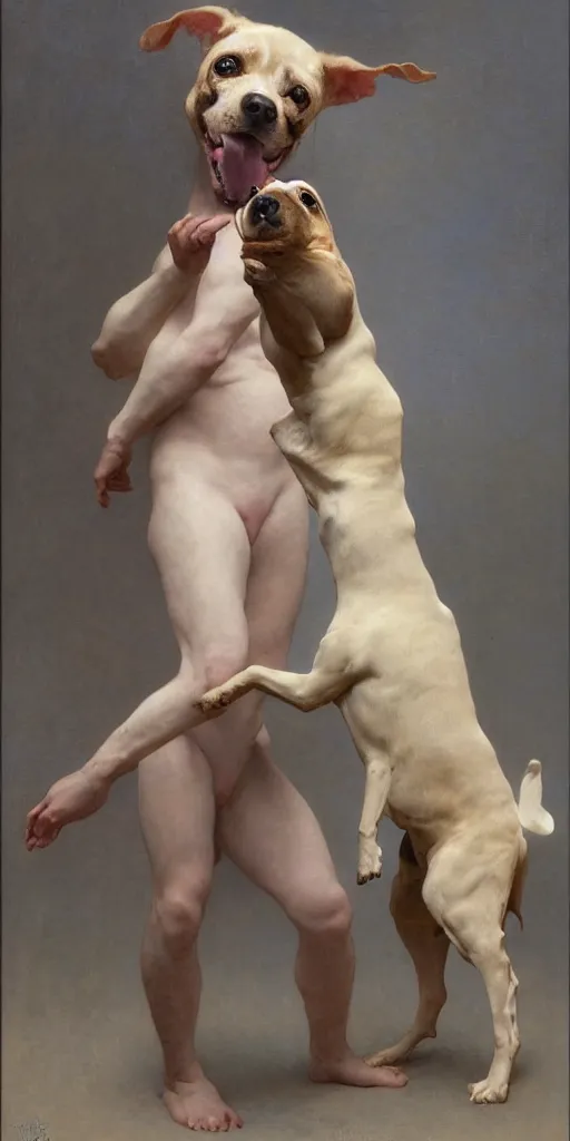 Image similar to funny stupid dog tries to bite its own tail. regal, realistic, refined, detailed digital art, oil painting, william - adolphe bouguereau, art frahm, esao andrews, highly detailed, cinematic lighting, unreal engine, 8 k, hd extremely detailed. 4 k. award winning. ultra realistic photo.