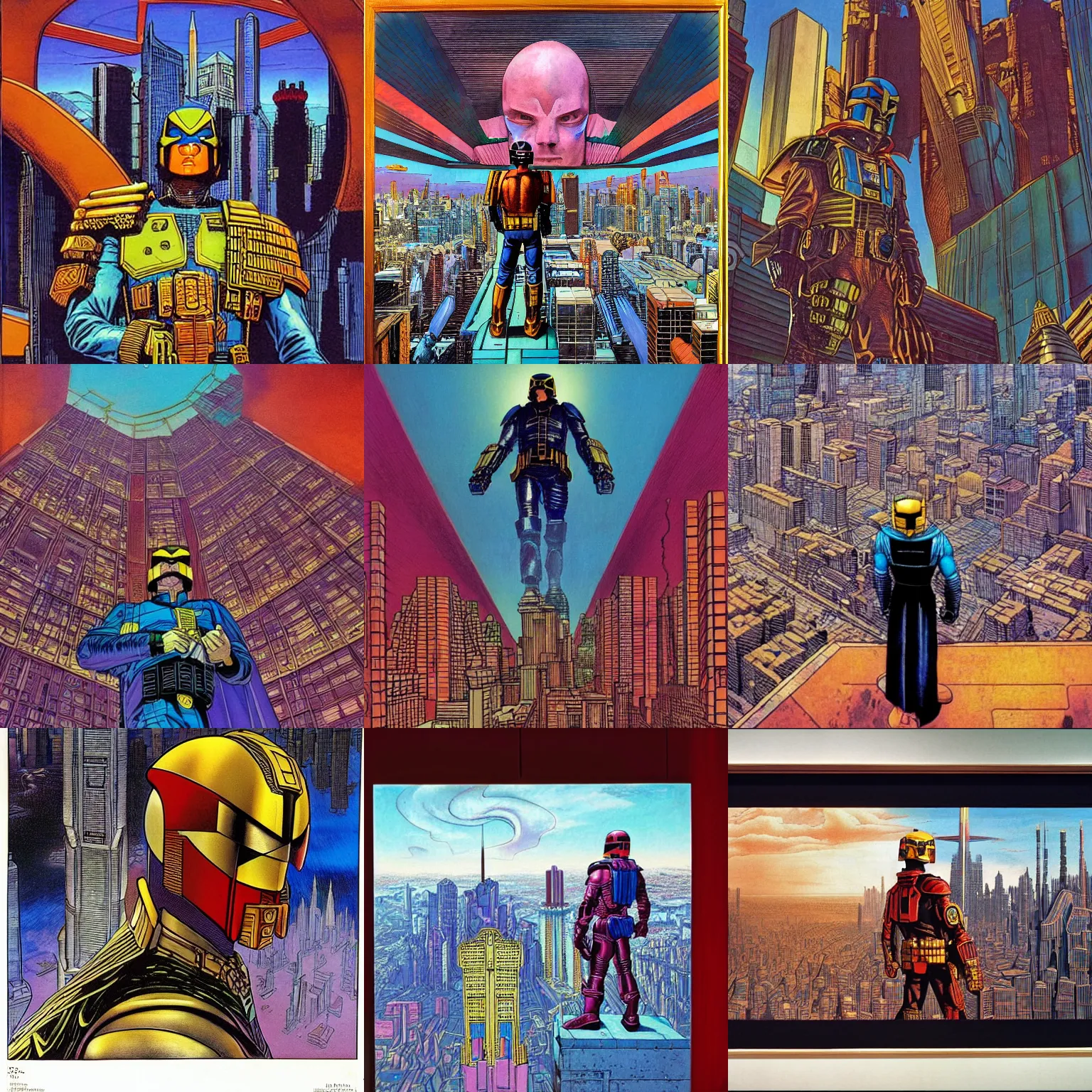 Prompt: in the sky above the megalopolis known as mega - city one, judge dredd contemplates a masterpiece painting by the great moebius. the work is a stunning example of the artist's use of cloisonnism, and it fills the judge with a sense of wonder.