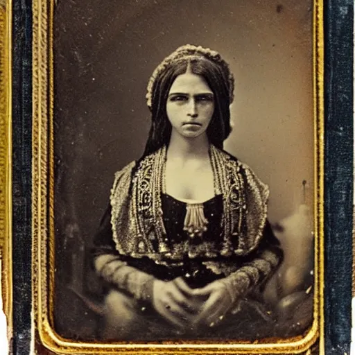 Image similar to daguerreotype ambrotype of an ative american high extremely beautiful priestess very intricate, highly detailed