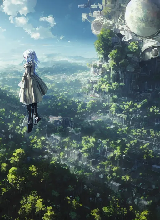 Prompt: glass in the sky, beautiful landscape, highly detailed, machine planet, buildings, anime girl, alien utopia, metallic surface, diamond trees, advanced technology, nier automata, cinematic lighting, sharp focus, artstation, intricate, masterpiece, art by maria panfilova and dylan kowalski and huifeng huang