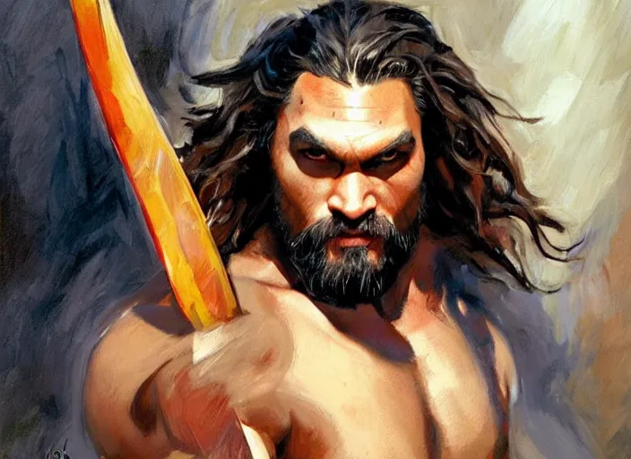 Image similar to a highly detailed beautiful portrait of jason momoa as kratos, by gregory manchess, james gurney, james jean