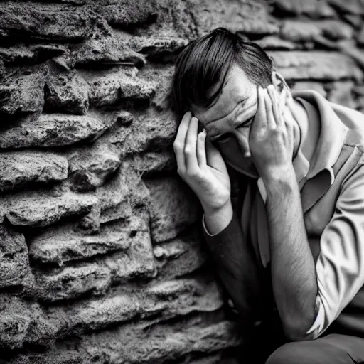 Image similar to Portrait of a terrified young man on the verge of tears in 1930s attire with long hair cornered against a stone wall. He is looking utterly panicked and distressed. 4K sigma 85mm