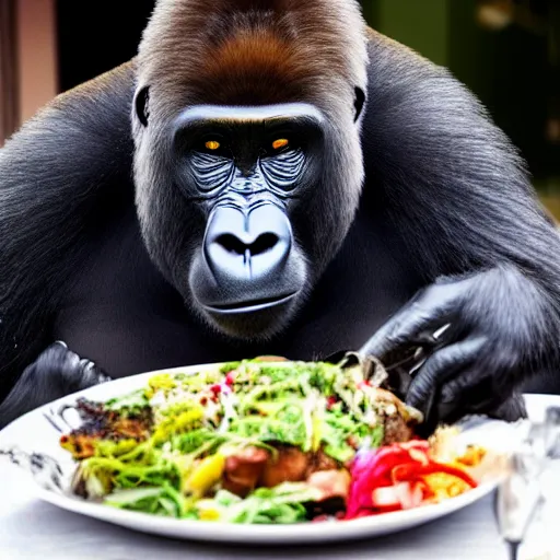 Image similar to gorilla at a fancy 5 star restaurant, eating an entire meal at his seat, 8k