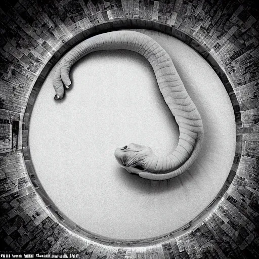 Image similar to dreamlike photo of an elephant trunk coming up the shower drain