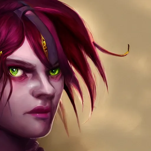 Prompt: a portrait of a cute tiefling girl with a scar along her face, red hair, skin colour purple, horns from her head, yellow eyes, cleric, dnd art, fantasy, digital art, high quality.