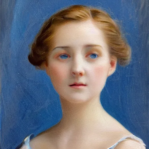 Image similar to portrait painting of a young lady in a light blue dress 1 9 0 0 s entire face shown in great detail, looking at the camera, full body in camera, blonde hair, garden, photorealistic, extreme detail, sharp focus, 8 k, intricate, hyper detailed, realistic, cinematic lighting