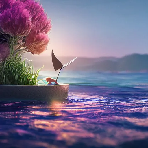 Prompt: tiny sail boat, floating, rbc, bunny, radiolaria, protophyta, micro - organisms, center frame, symmetric, rim light, marine microbiology, bioluminescence, electric, fur, soft, concept art, intricate details, highly detailed, colorful, photorealistic, disney pixar, octane render, iridescent, anime, 8 k