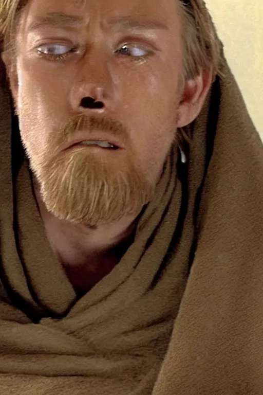 Image similar to Obi-Wan crying with a look of anguish on the toilet after realising there's no more toilet paper