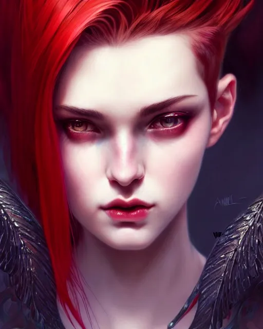 Prompt: cinematic side portrait angel girl, fantasy forest landscape, dragon scales in hair, fantasy magic, undercut hairstyle, short red black fade hair, dark light night, intricate, elegant, sharp focus, illustration, highly detailed, digital painting, concept art, matte, art by WLOP and Artgerm and Greg Rutkowski and Alphonse Mucha, masterpiece