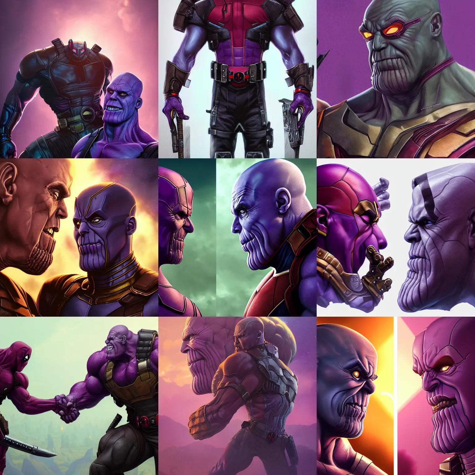 Prompt: an insanely detailed portrait of thanos versus deadpool, highly detailed, in the style of peter mohrbacher, dramatic lighting and composition, octane render, trending on artstation, concept art 8 k