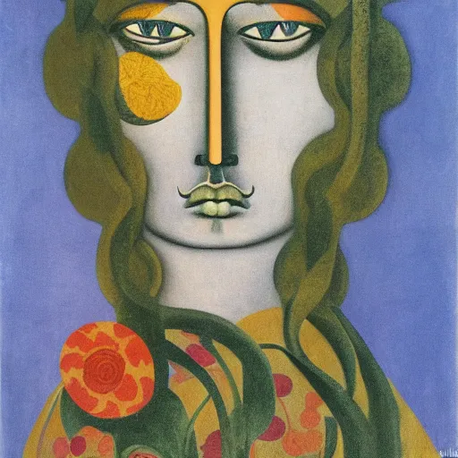 Image similar to floral face portrait by leonetto cappiello and wojciech siudmak and ernst fuchs, anni albers, oil on canvas