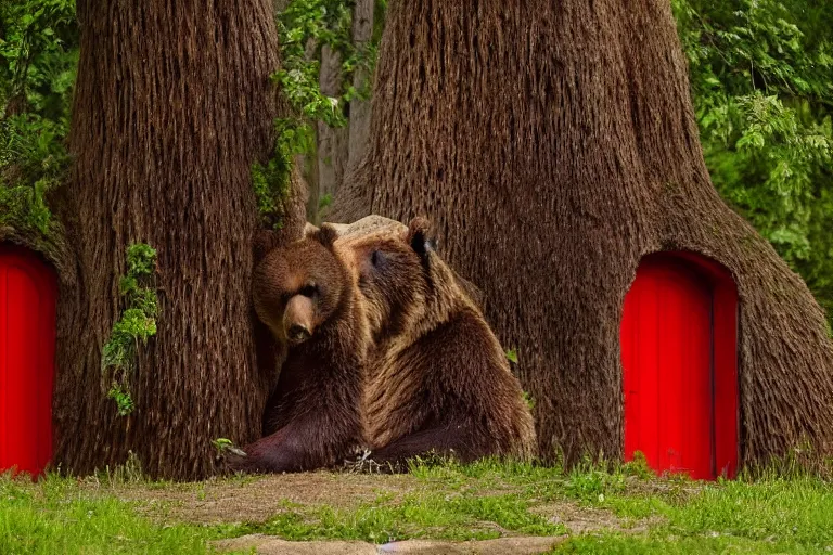 Image similar to grizzly wearing a red shirt sitting outside big tree with a red door by Roger Deakins