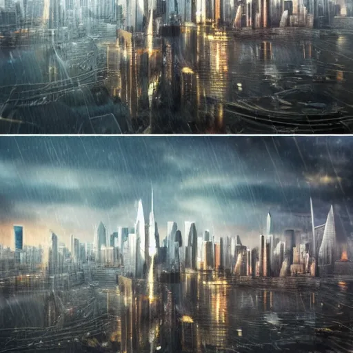 Image similar to futuristic city realistic new-york utopia photorealism rain reflection science-fiction ,8k