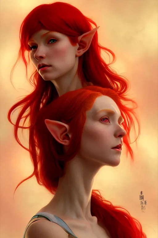 Image similar to portrait of a red - haired elf, golden ratio rule, highly detailed, digital painting, artstation, sharp focus, illustration, art by tan zi and ayanamikodon and alphonse mucha and wlop