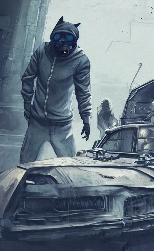 Prompt: wolf gang, cyberpunk, gray hoodie, photo group, old car, abandoned warehouse, weapon, drugs, flex, relative position, gasmask, non fiction stability, intricate, elegant, 8 k, uhd, justify, artstation, concept art, matte, sharp focus, illustration, consistent, one object content, proportional object content