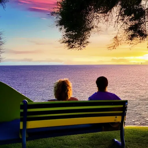 Image similar to a photo of a couple sitting on a park bench looking at a beautiful purple and yellow sunset over the ocean. The sky is green