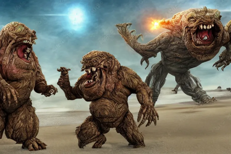 Image similar to photo, two old hairy fat ugly men! fighting alien monsters 4 0 1 2 9 on a beach, highly detailed, scary, intricate details, volumetric lighting, front view