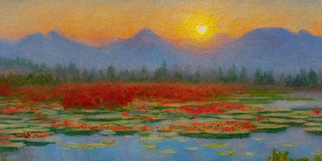 Image similar to impressionism painting of a pond of water lily on a foggy morning, red barn in distance, sun low on horizon through snow capped mountains, soft light