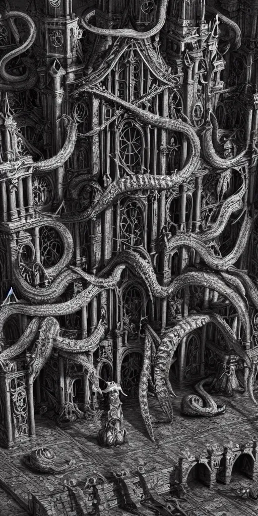 Prompt: extra wide view. Kraken. marvellous magic. Ominous. Gothic medieval baroque. Dry ground cracks. Hyper-detailed. Hyperreal. Unreal render.