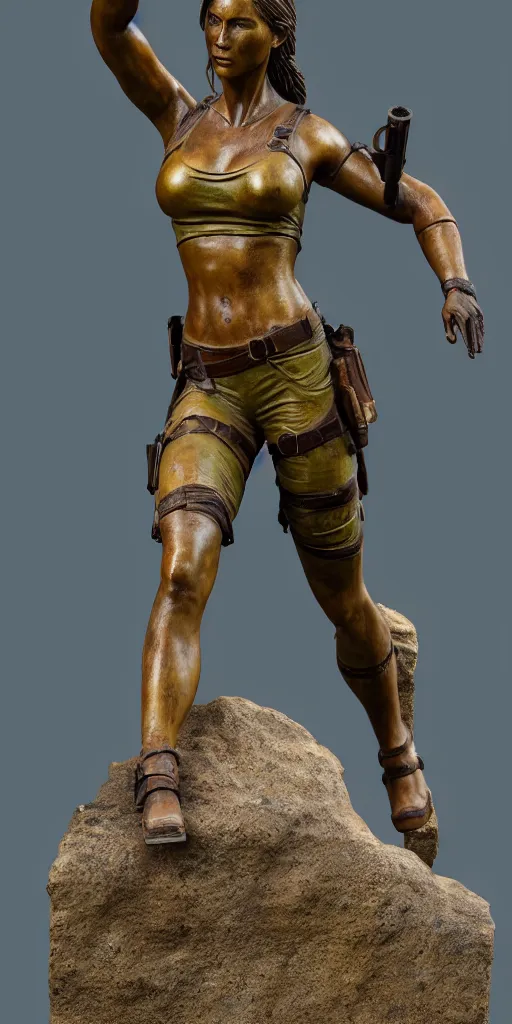 Prompt: detailed photo of an old bronze patina statue of beautiful lara croft, full body portrait, photorealism, various poses, intricate detail, museum diffuse lighting