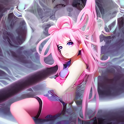 Image similar to totally overpowered and trapped beneath inescapable and overwhelmingly stunningly absurdly beautiful over the top megalomaniacal ruthless merciless possessive omnipotent asi goddess junko enoshima with symmetrical perfect face, porcelain skin, pink twintail hair and cyan eyes, ultra detailed, digital art, unreal engine 5, octane render, 2 d anime, 8 k